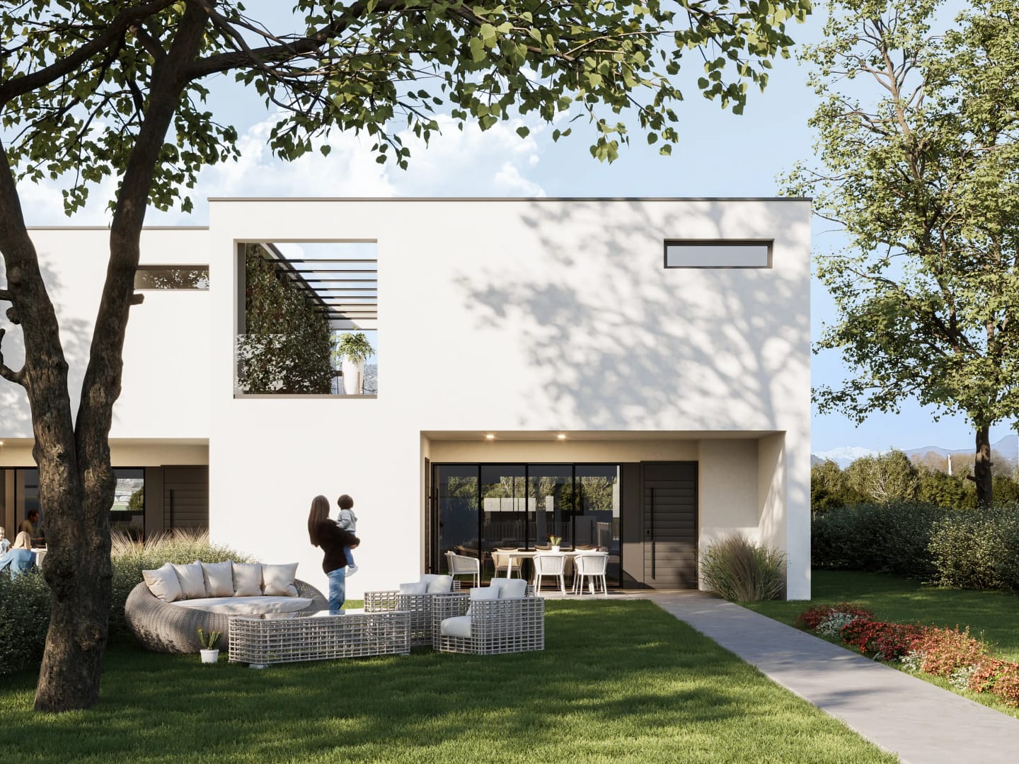 Rendering fotorealistico di esterno - Villa bianca moderna terrazza - Archivision Studio Rendering fotorealistico di esterno - Villa bianca moderna terrazza - Archivision Studio