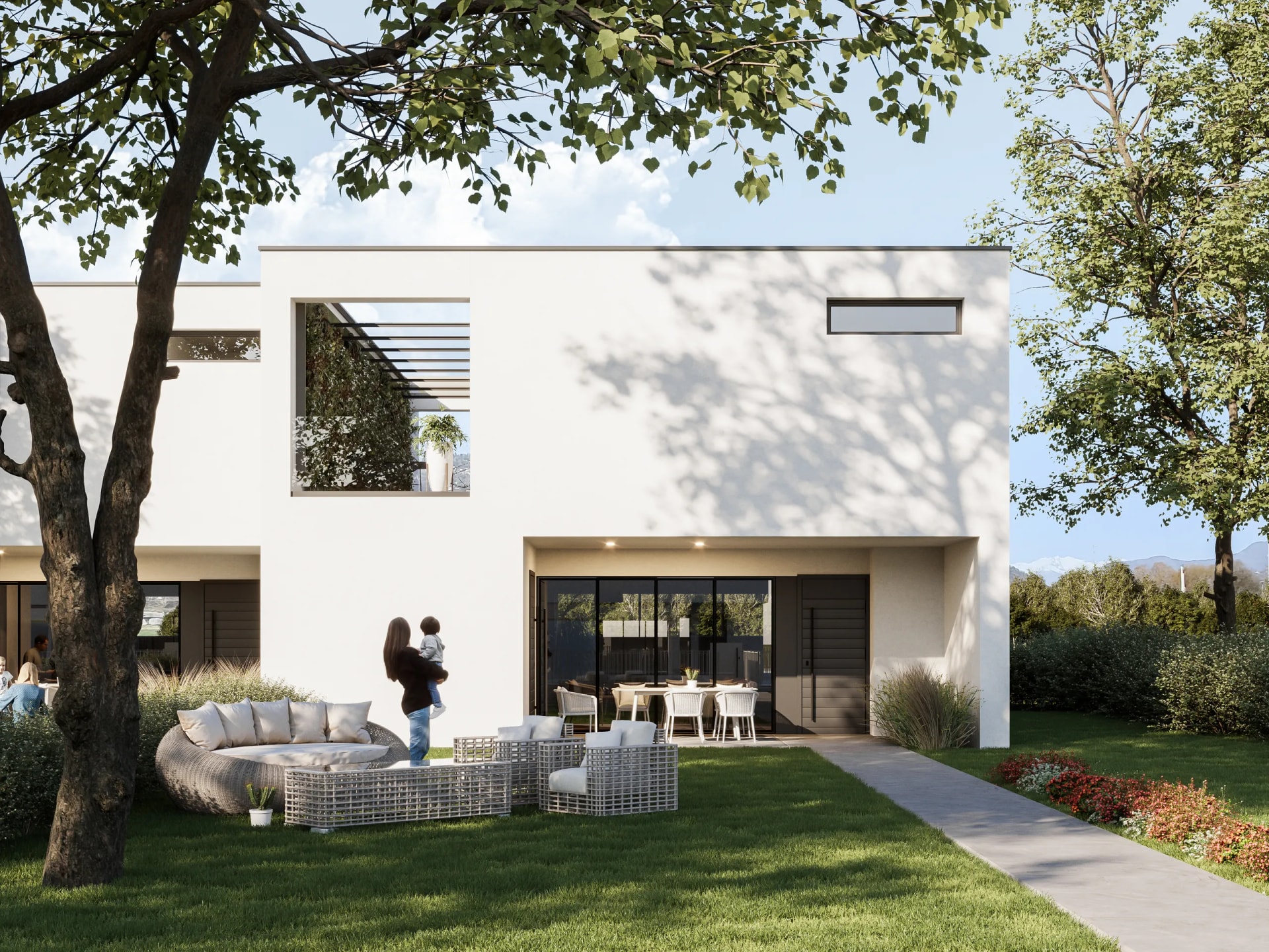 Rendering fotorealistico di esterno - Villa bianca moderna terrazza - Archivision Studio Rendering fotorealistico di esterno - Villa bianca moderna terrazza - Archivision Studio
