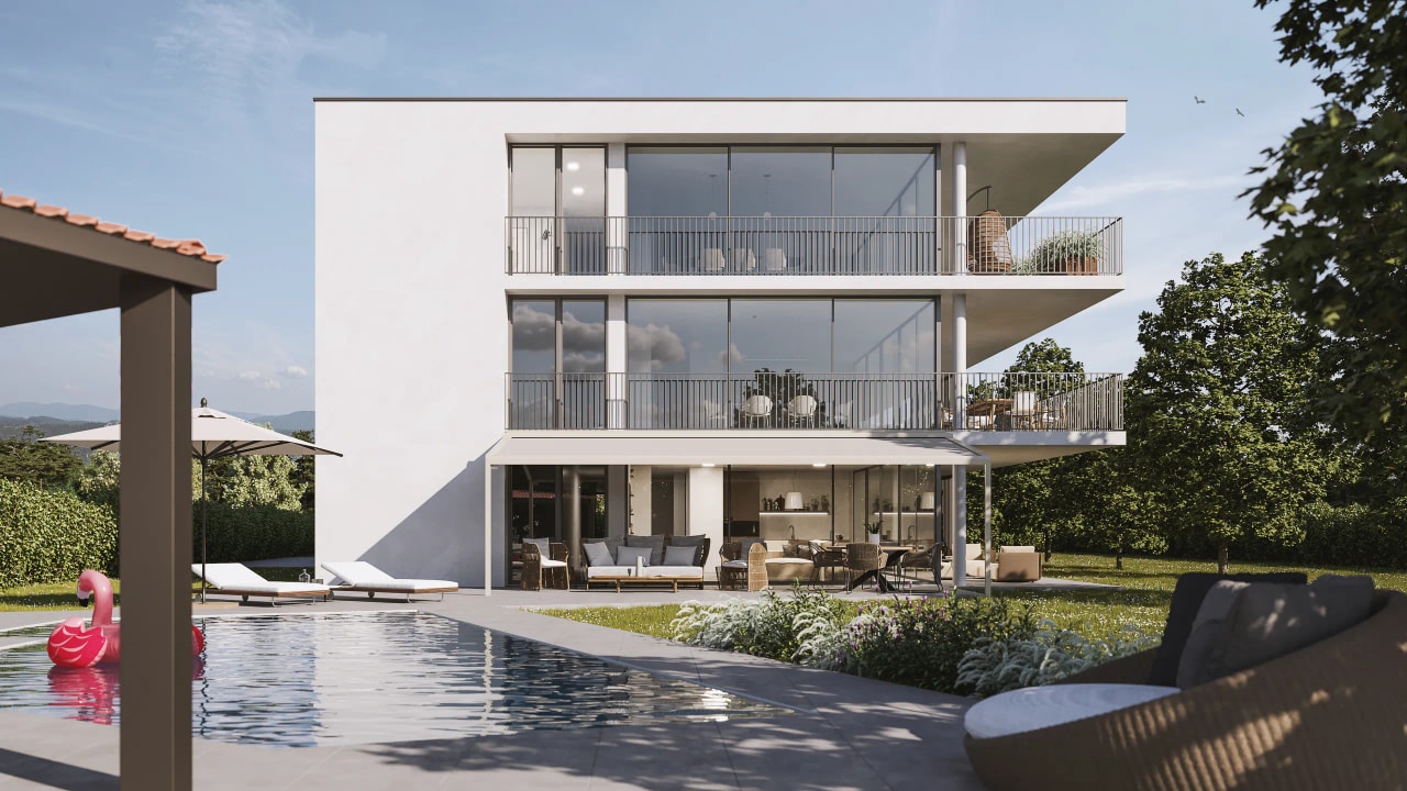 Rendering fotorealistico di esterno - Villa moderna terrazze piscina - Archivision Studio