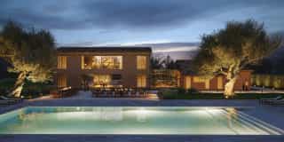 Rendering fotorealistico di esterno - Villa notturna piscina ulivi - Archivision Studio Rendering fotorealistico di esterno - Villa notturna piscina ulivi - Archivision Studio