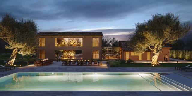 Rendering fotorealistico di esterno - Villa notturna piscina ulivi - Archivision Studio Rendering fotorealistico di esterno - Villa notturna piscina ulivi - Archivision Studio