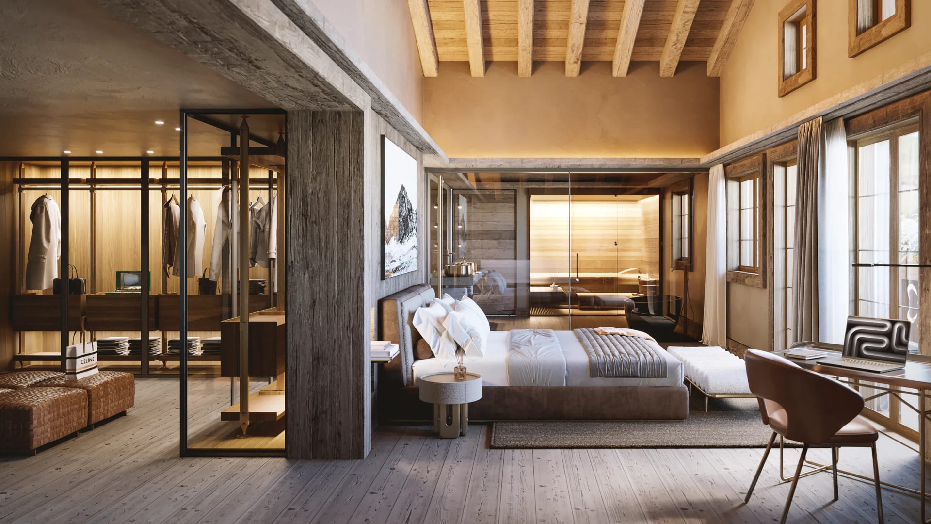 Rendering fotorealistico di interno - Camera da letto chalet gstaad - Archivision Studio Rendering fotorealistico di interno - Camera da letto chalet gstaad - Archivision Studio