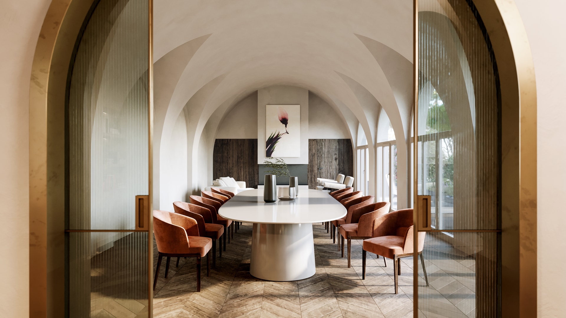 Rendering di salotto neoclassico in villa a Roma con soffitto decorato e arredo moderno - Archivision. Rendering di salotto neoclassico in villa a Roma con soffitto decorato e arredo moderno - Archivision.