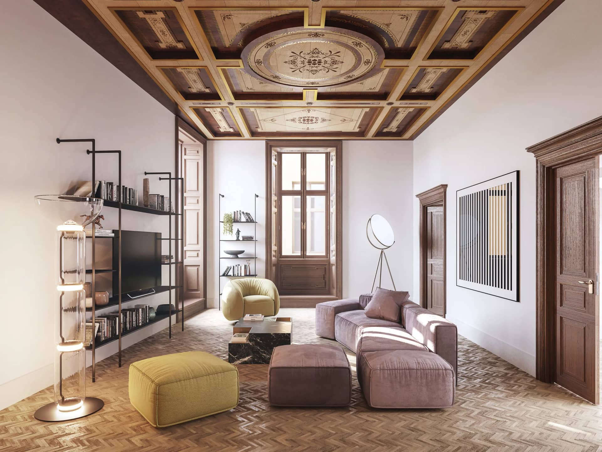 Rendering fotorealistico di salotto neoclassico in villa a Roma con soffitto decorato e arredo moderno - Archivision. Rendering fotorealistico di salotto neoclassico in villa a Roma con soffitto decorato e arredo moderno - Archivision.