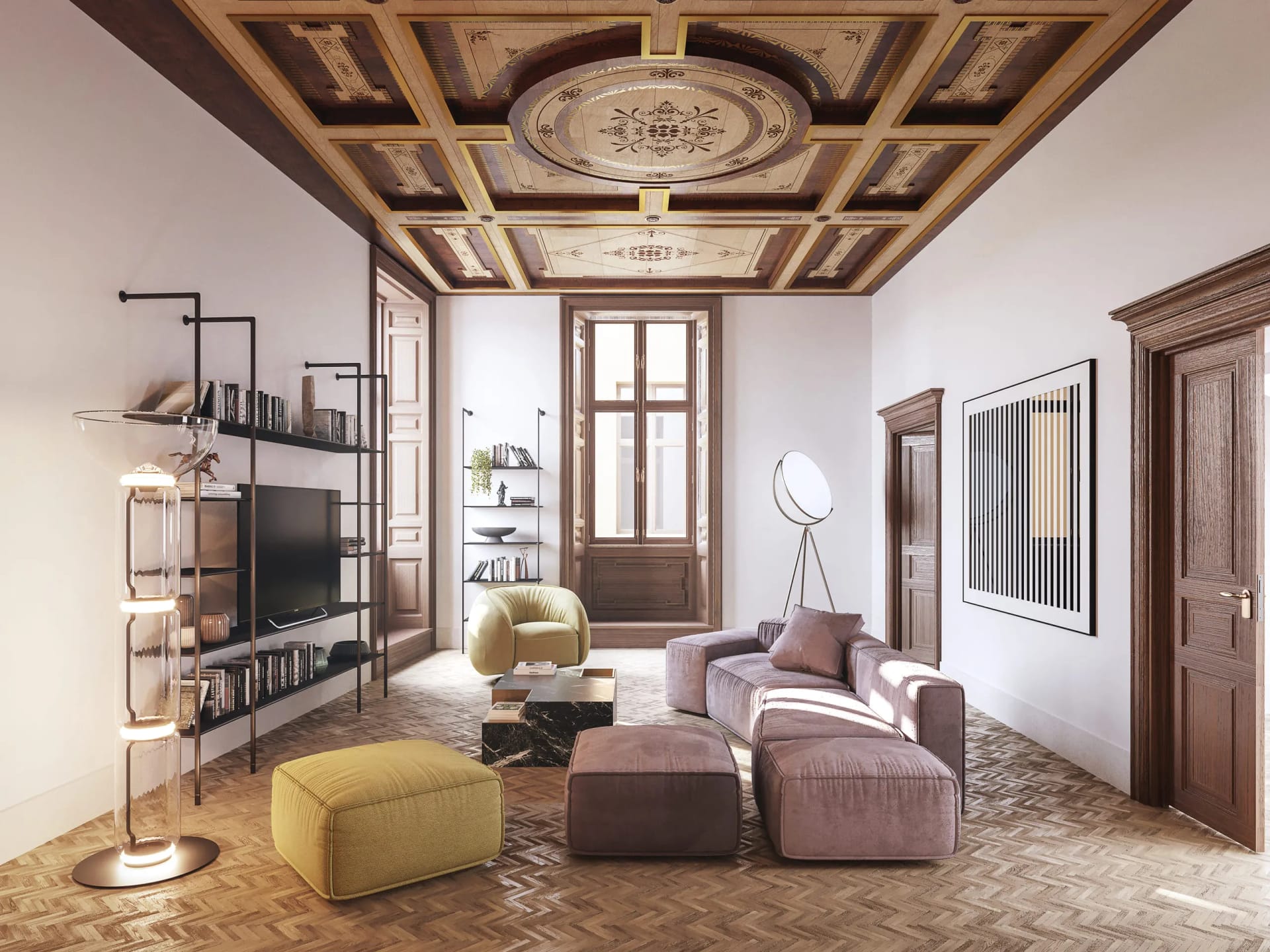 Rendering fotorealistico di salotto neoclassico in villa a Roma con soffitto decorato e arredo moderno - Archivision. Rendering fotorealistico di salotto neoclassico in villa a Roma con soffitto decorato e arredo moderno - Archivision.