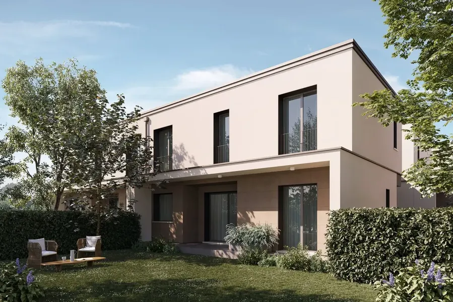 Rendering Di Una Villa Moderna A Schiera Con Ampio Giardino Rendering Di Una Villa Moderna A Schiera Con Ampio Giardino