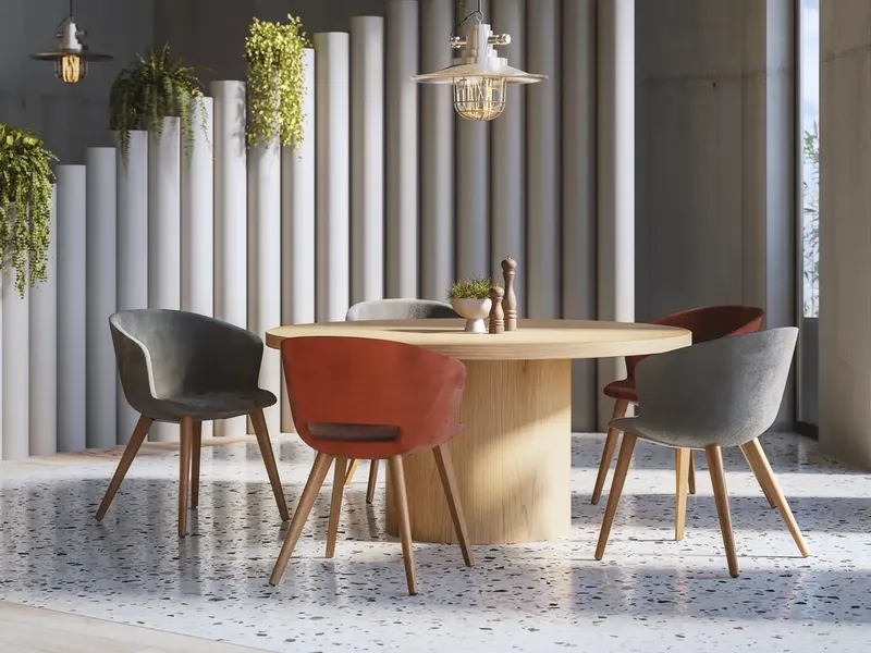 Zona Pranzo Con Tavolo Tondo E Sedie Colorate Zona Pranzo Con Tavolo Tondo E Sedie Colorate