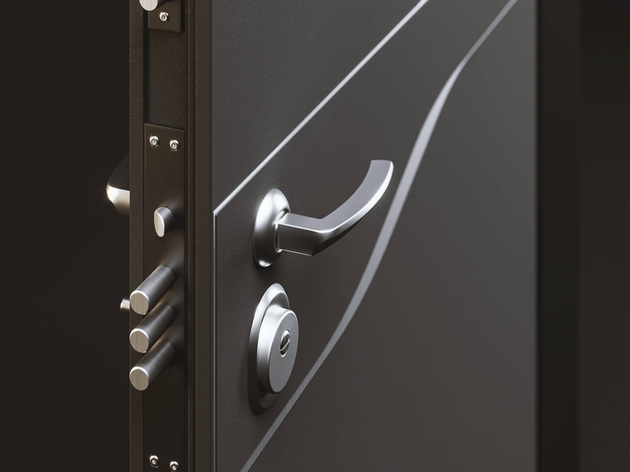 Render still life del particolare costruttivo di una porta blindata nera con gli inserti cromati Render still life del particolare costruttivo di una porta blindata nera con gli inserti cromati